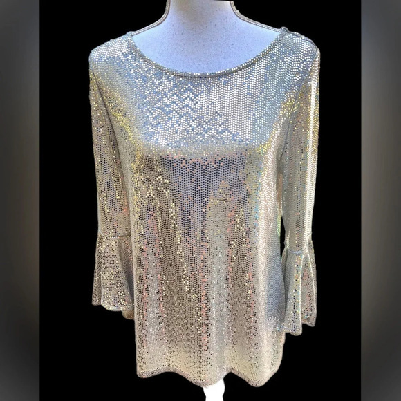 MSK Women's Mirror-Dot Bell-Sleeve Top Silver Size Medium. Excellent condition - Picture 1 of 6
